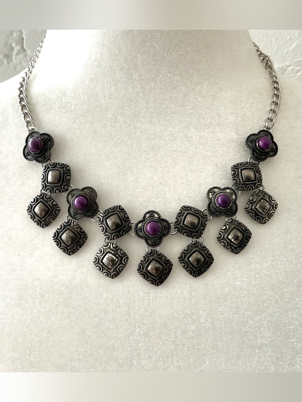 Ornate Antiqued Silver Purple Stone Bib Choker Necklace Goth Southwestern